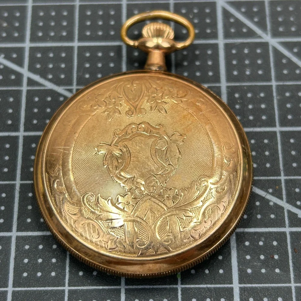 Antique Waltham Pocket Watch Gold Tone Engraved Case Sub Dial 45mm 14k Gold Fill